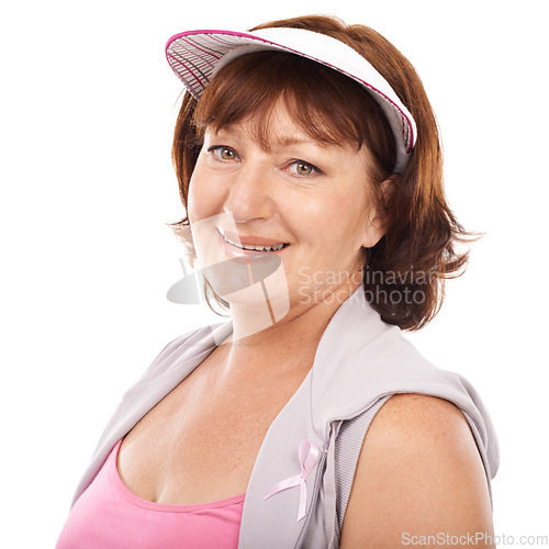 Image of Portrait, breast cancer ribbon and mature woman smile for wellness, awareness or empathy support. Happiness, health sign campaign and studio model face with disease recognition on white background