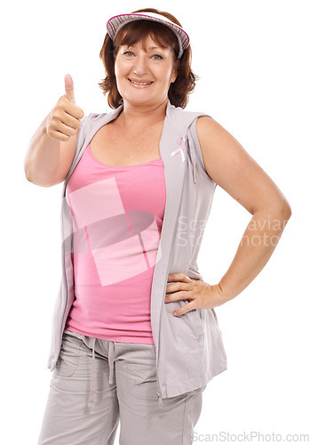 Image of Mature woman portrait, breast cancer ribbon and thumbs up for awareness, disease recovery fitness or support agreement. Emoji like icon, survivor feedback or model studio campaign on white background