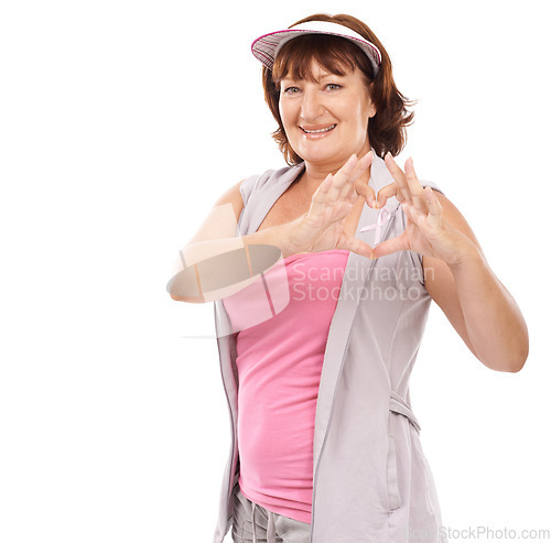 Image of Mature portrait woman, breast cancer ribbon and heart hands for awareness, disease recovery fitness or support. Emoji care icon, survivor love gesture or studio model compassion on white background