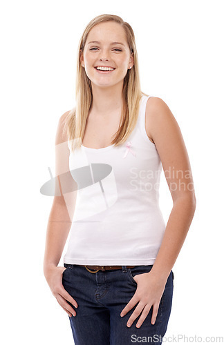 Image of Happy portrait, breast cancer ribbon and woman smile for studio recovery, awareness campaign or support. Survivor empowerment, health sign or pride in disease recognition movement on white background