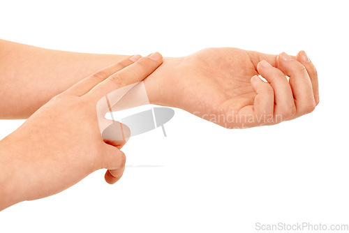 Image of Person, hands and checking pulse rate, beat or health and wellness against a white studio background. Closeup of model fingers in cardiovascular, heart or blood pressure test or exam on mockup space