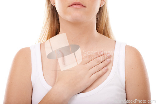 Image of Check, heart and woman with hand on chest with blood pressure, pulse or wellness in white background. Studio, closeup and person gesture to anxious heartbeat, health care and cardiology mockup space