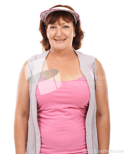 Image of Awareness, breast cancer ribbon and mature portrait woman with wellness, disease recovery fitness or empathy support. Smile, health sign or model with bow icon for studio campaign on white background