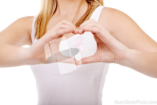 Image of Studio, breast cancer ribbon or person heart hands, awareness campaign or survivor support. Emoji care icon, boobs health sign and closeup model love for chest disease recognition on white background