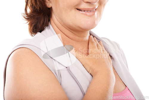 Image of Woman, care and hand on chest in support with empathy, kindness and cardiology wellness in white background. Studio, closeup or person gesture to heart, healthcare and check blood pressure or pulse