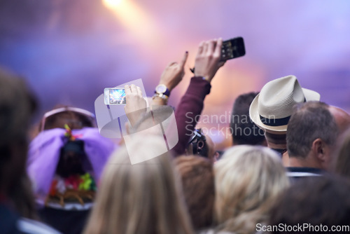 Image of People, festival and crowd in music concert, cellphones and audience for event, entertainment and back. Technology, fun and gathering for rock and roll, celebration and performance for live streaming