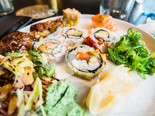 Image of Sushi platter with maki, nigiri and wakame