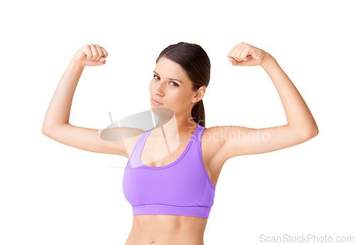 Image of Strong, flexing and portrait of woman with fitness from workout or sports in white background. Serious, athlete and pride from achievement, development or power in studio space with confidence