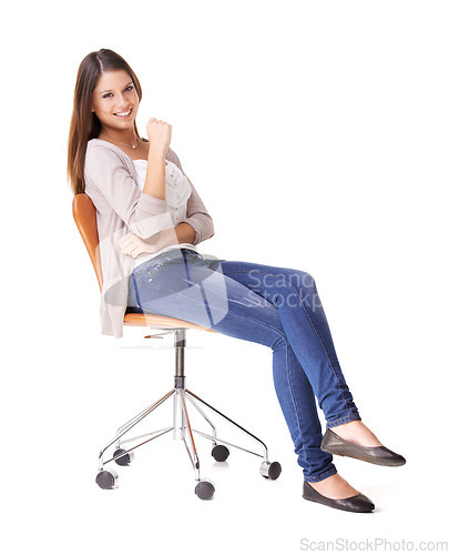 Image of Fashion, portrait and happy woman on a chair in studio for clothes, style or outfit choice on white background. Face, smile or female model on a stool with casual, fashionable or comfortable clothing