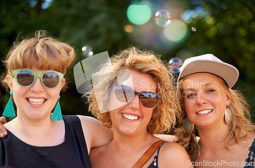 Image of Portrait, outdoor and women with party, concert and social event with music festival, happiness and summer. Face, people and friends with lens flare, sunshine and weekend break with joy and smile