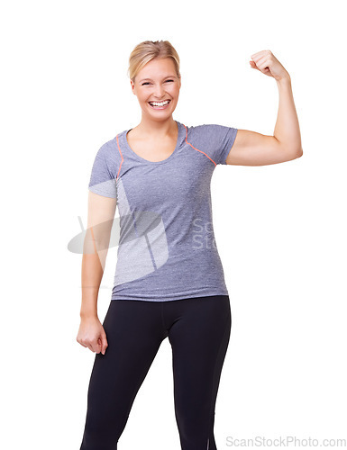 Image of Woman, portrait and flex or happy in studio for fitness, wellness or workout progress and sportswear. Person, face or arm and strength or training for weight loss and healthy body on white background