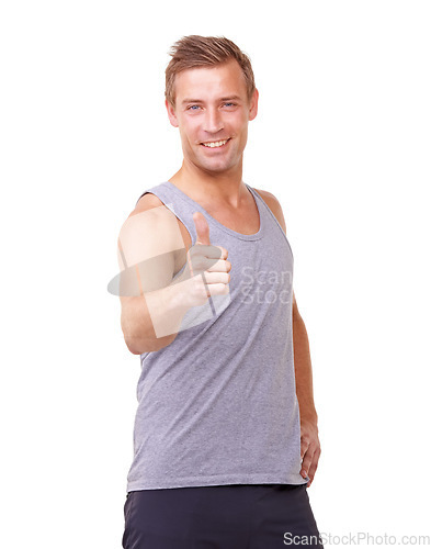 Image of Fitness, thumbs up and man in studio for training success, workout achievement and health support or like emoji. Portrait of sports model with yes, vote hand or happy results on a white background