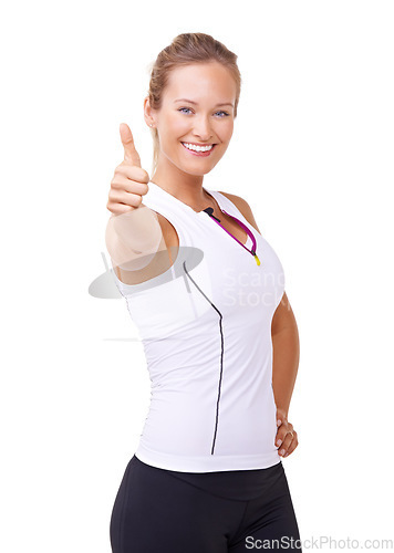 Image of Exercise, thumbs up and woman in studio for fitness success, workout achievement and winning hands or like emoji. Portrait, sports model and yes, okay or happy training results on a white background