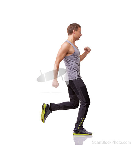 Image of Man, running and fitness in studio for workout, training and energy with wellness, muscle health and cardio. Sports model, sprinter or runner with exercise for race or challenge on a white background