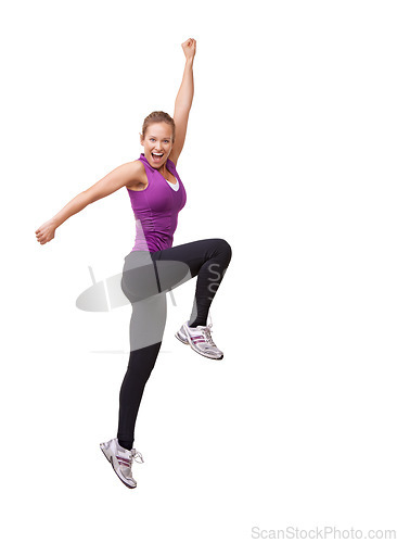 Image of Woman, cheers and jump in studio for fitness, workout and training celebration, energy or achievement. Excited portrait of sports model or runner stretching in air with success on a white background