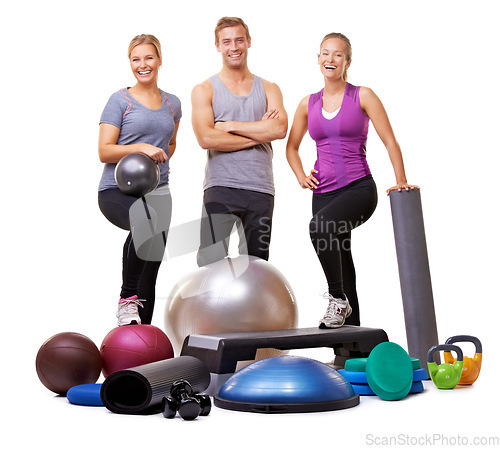 Image of Workout equipment, group of people and fitness studio for training, wellness and support of personal trainer, Happy portrait of women and sports man, health and pilates exercise on a white background