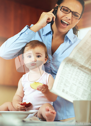 Image of Businesswoman, phone call and baby with food in home for health, hunger or nutrition while multitasking. Single mother, toddler and stress with discussion of newspaper, article or headline in kitchen