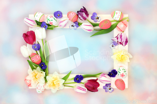 Image of Colorful Easter Background with Decorated Eggs and Flowers