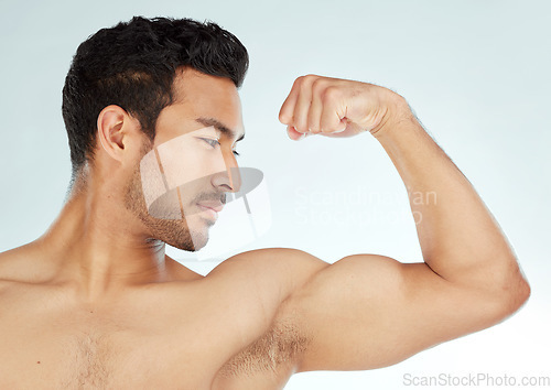 Image of Fitness, asian man and bicep flex in studio for wellness, training or workout results on white background. Profile, exercise and Japanese male model with strong arm pose for strength or muscle growth