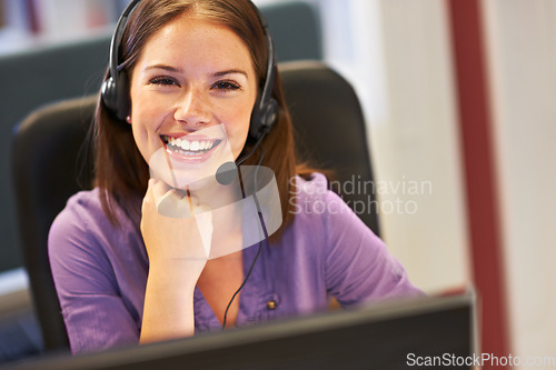 Image of Customer service smile, portrait or business woman for startup consultancy job, ecommerce secretary or tech support. Contact us help desk, receptionist face and consultant in lead generation career