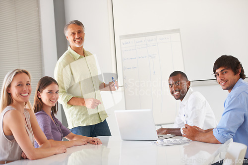 Image of Whiteboard presentation meeting, business portrait and happy people listen to speaker, presenter or CEO agenda plan. Cooperation, confident man or sales group planning company schedule, list or tasks