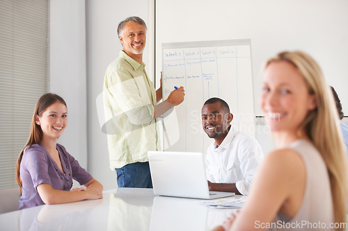 Image of Whiteboard presentation meeting, man portrait and business people listening to speaker, mentor or manager agenda plan. Collaboration, happy presenter and team planning company schedule, list or tasks