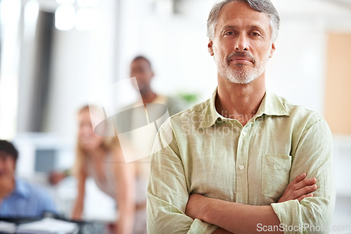 Image of Arms crossed, director and portrait of business man in startup agency for creative, manager and designer. Professional, consultant and advisor with face of employee in office for entrepreneur career