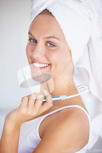 Image of Woman, brushing teeth and portrait for clean hygiene in bathroom for healthy mouth, gum dental or wellness. Female person, toothbrush and whitening routine or orthodontics, oral glow or gingivitis