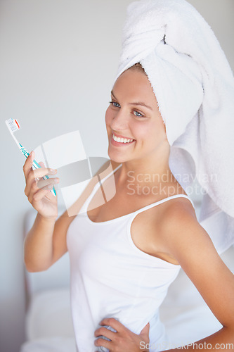 Image of Woman, brushing teeth and smile in bathroom for hygiene healthy mouth, gum dental care or wellness. Female person, toothbrush and whitening routine for orthodontics, breath cleaning or gingivitis