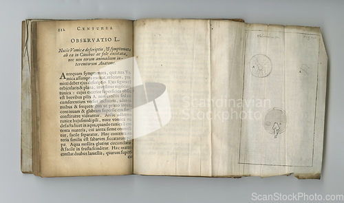 Image of Antique medical page, knowledge and research on medicine study, introduction and pathology. Latin language, information and parchment paper for healthcare education literature, wisdom and learning