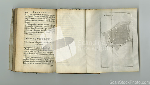 Image of Old book, chapter and study of information on paper in antique, vintage or science textbook with knowledge. Archive, illustration and diagram on parchment with research notes on health and surgery