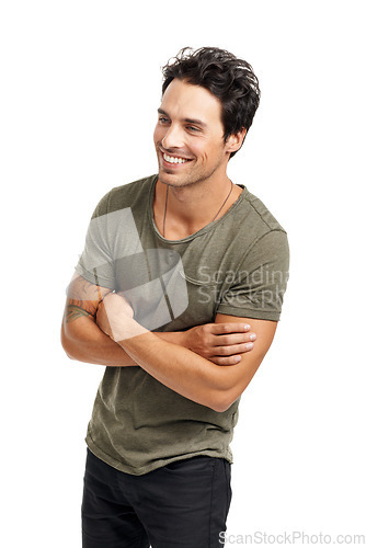 Image of Smile, crossed arms and young man in studio with casual, stylish and trendy outfit for confidence. Happy, fashion and male person from Canada with cool style and positive attitude by white background