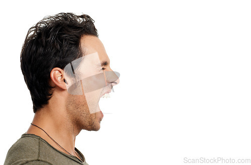 Image of Profile, anger and screaming with man, stress and expression isolated on white studio background. Person, guy and model with depression, mockup space and shouting with emotions, crisis and frustrated