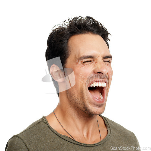 Image of Man, happy and screaming for celebration, excited and energy by white background in studio. Male person, freedom and victory or winner, carefree and shouting for achievement in competition or joy