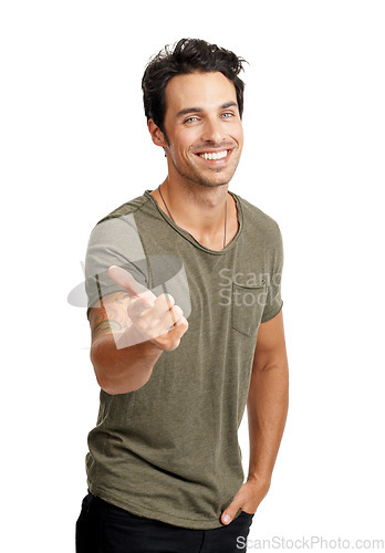 Image of Smile, pointing and portrait of man in a studio for marketing, advertising or promotion with confidence. Happy, fashion and handsome young male model with a show hand gesture by white background.