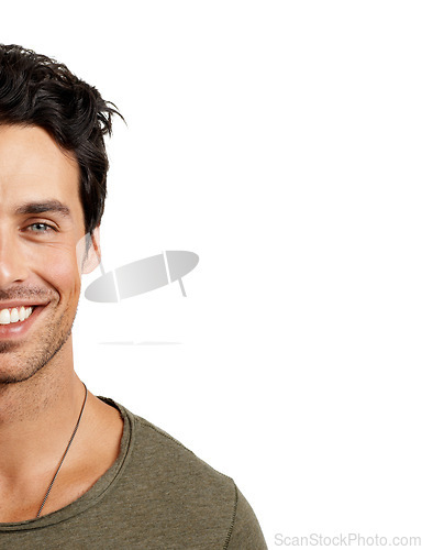 Image of Smile, half face and portrait of man in a studio with positive, good and confident attitude. Happy, mockup space and handsome young male person from Australia with style isolated by white background.