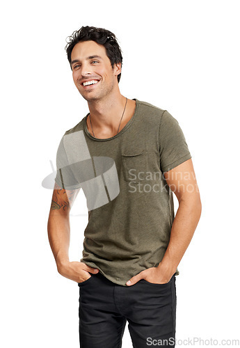 Image of Thinking, smile and man with fashion, happiness and confident guy isolated on a white studio background. Ideas, person and model with joy, cheerful and solution with daydreaming and mockup space