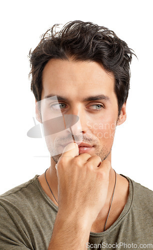 Image of Thinking, ideas and young man in a studio for choice, decision or options facial expression. Planning, question and male person with brainstorming or dreaming face isolated by white background.