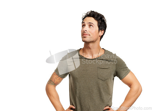 Image of Thinking, solution and young man in studio with planning, brainstorming or idea facial expression. Guess, question and male person from Canada with decision, option or choice face by white background