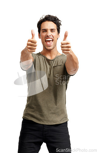 Image of Thumbs up, happy and portrait of man in studio with positive, good and confident attitude. Smile, excited and male person with approval, agreement or success hand gesture isolated by white background