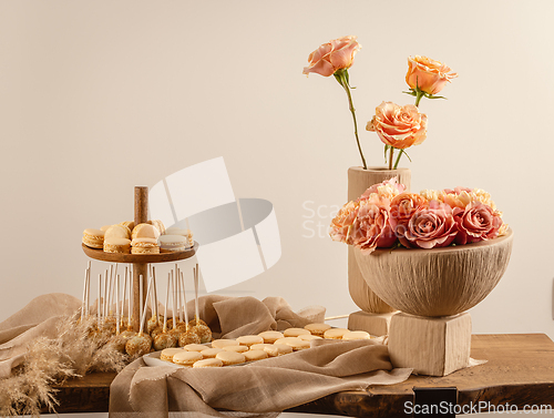 Image of Pastel wedding sweet table setting