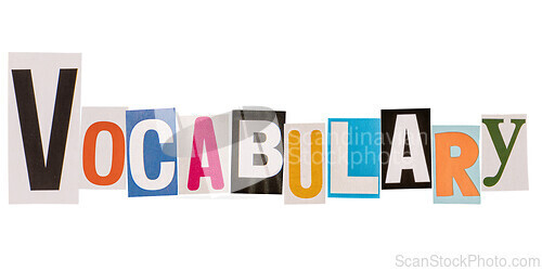 Image of The word vocabulary made from cut out letters