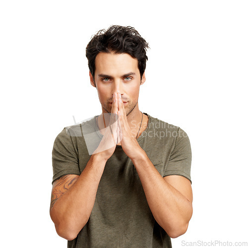 Image of Portrait, prayer and hands together with a young man in studio isolated on a white background for hope or faith. Face, trust and worship with a confident model praying to god in faith for a miracle
