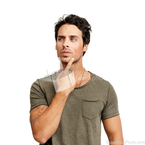 Image of Thinking, question and young man in a studio for choice, decision or options facial expression. Planning, guess and male person with brainstorming or dreaming face isolated by white background.