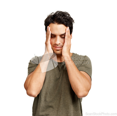 Image of Man, head and embarrassed shame in studio or white background, mockup space or frustrated. Male person, model and thinking worry problem or trouble fail for bad decision, disaster regret or anxiety