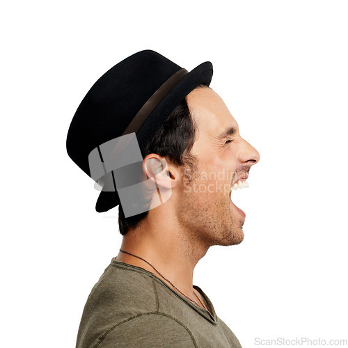 Image of Profile, anger and screaming with man, frustrated and expression isolated on white studio background. Person, stress and model with depression, mockup space and shouting with emotions, crisis and hat