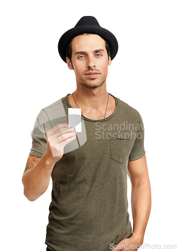 Image of Man, portrait and business card mockup for information or contact us, advertising or news communication. Male person, face and placard on white background in studio, fashion stylist or networking
