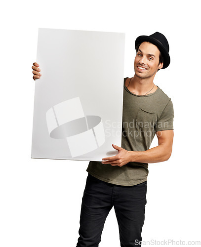 Image of Man, portrait and poster mockup in studio or space for information note, marketing or choice. Male person, billboard placard or white background as signage for recommendation, promo or presentation