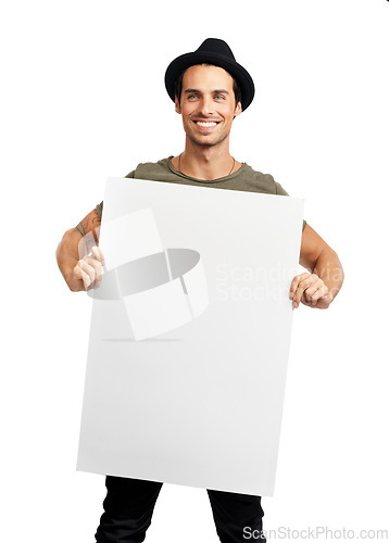 Image of Man, portrait and smile with poster mockup in studio for advertising, information or marketing. Male person, billboard placard or white background or signage for recommendation, promo or presentation