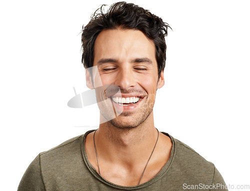 Image of Smile, confident and young man in a studio with positive, good and happiness attitude for optimism. Excited, calm and male model from Canada with dreaming face expression isolated by white background